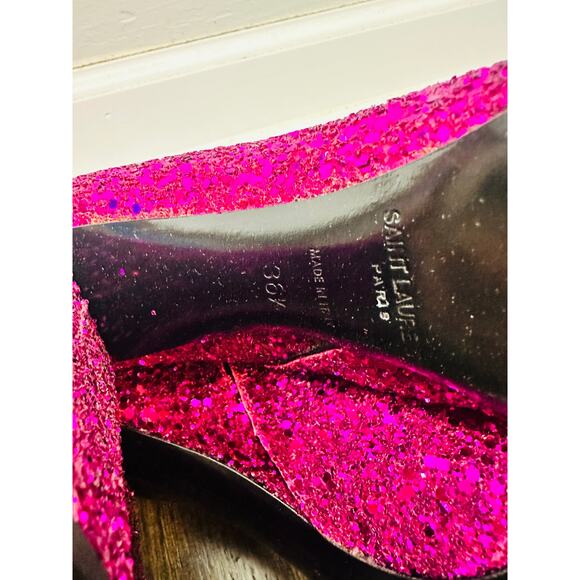 NEW SAINT LAURENT Fuchsia Pink Glitter Heeled Side Zip Bootie size 36.5 US 6.5 - Picture 13 of 14